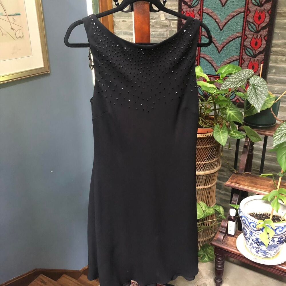 Vintage 90s S.L. Fashions Little Black Dress Beaded High Neck Size 12 Cocktail